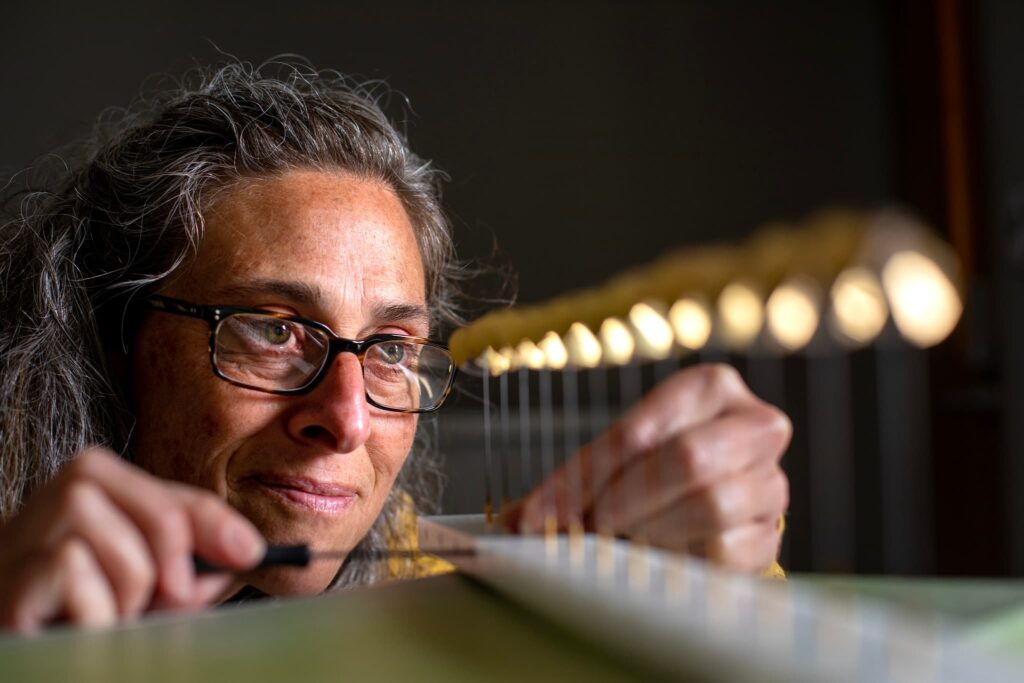 A woman looking at a row of little golden orbs atop tiny posts